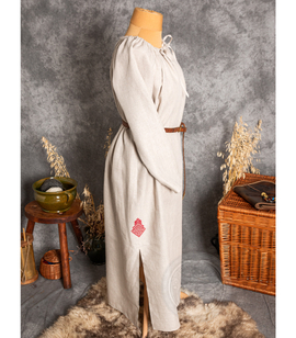 Linen underdress with gathered neckline and cutouts with Slavic goddess Mokosh embroidery
