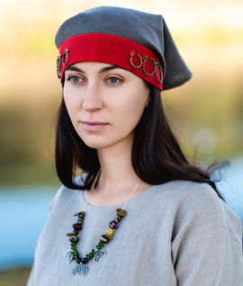 Slavic triangular linen scarf with bronze temple rings