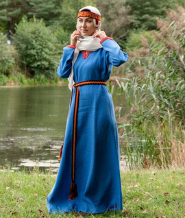 Early Medieval linen dress with woven trim on the neckline and sleeves