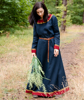 Early Medieval natural linen dress with linen trim and silk stripes