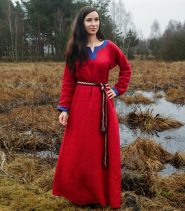 Early medieval linen dress with narrow linen trim on the neckline and sleeves