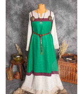 Green linen apron dress with a small diamond trim wool hems, size L