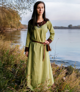 Early medieval linen dress with round neckline & linen trim