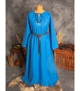 Pskov blue linen dress with two wedges and gathered neckline hand-finished in size L