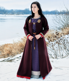 Scandinavian women's woollen caftan with linen lining and handwoven trim