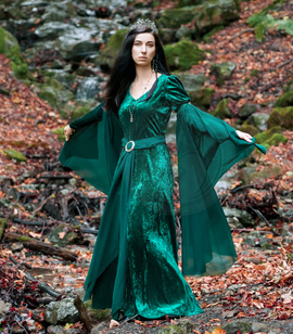 Fancy Velvet Velour Dress with Detachable Chiffon Sleeves and Long Belt