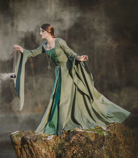 LADY OF THE LAKE - Fantasy cotton dress with wide sleeves and embroideries