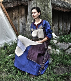 Early Medieval long linen apron dress with silk
