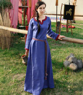 Scandinavian linen dress finished with wool tablet trim on the neckline and sleeves