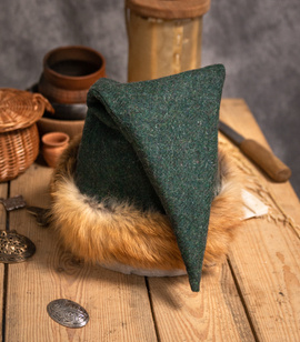 Early medieval triangular wool cap/hat with linen lining, trimmed with natural fur