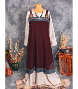 Scandinavian wool apron dress with 100% wool woven trim and handmade embroidery