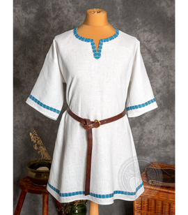 Slavic short-sleeved linen tunic with blue geometric trims