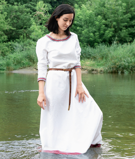 Slavic ceremonial linen dress with geometric trim