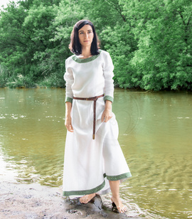 Slavic ceremonial linen dress with geometric hems
