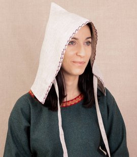 Linen bonnet with handmade embroidery from Jorvik