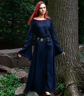Fantasy linen dress with embroidered neckline & wide sleeves