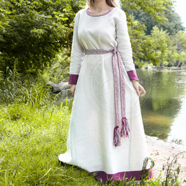 Slavic linen dress with linen hems and round neckline, decorated with 100% wool handwoven trim